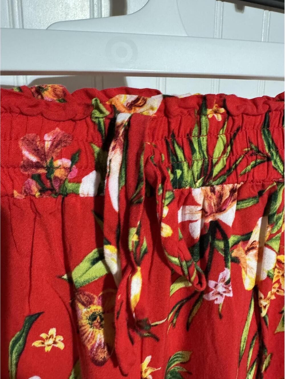 Joe Benbasset Red Floral Wide Leg Pants Womens Small Elastic Drawstring Rayon - Picture 2 of 4